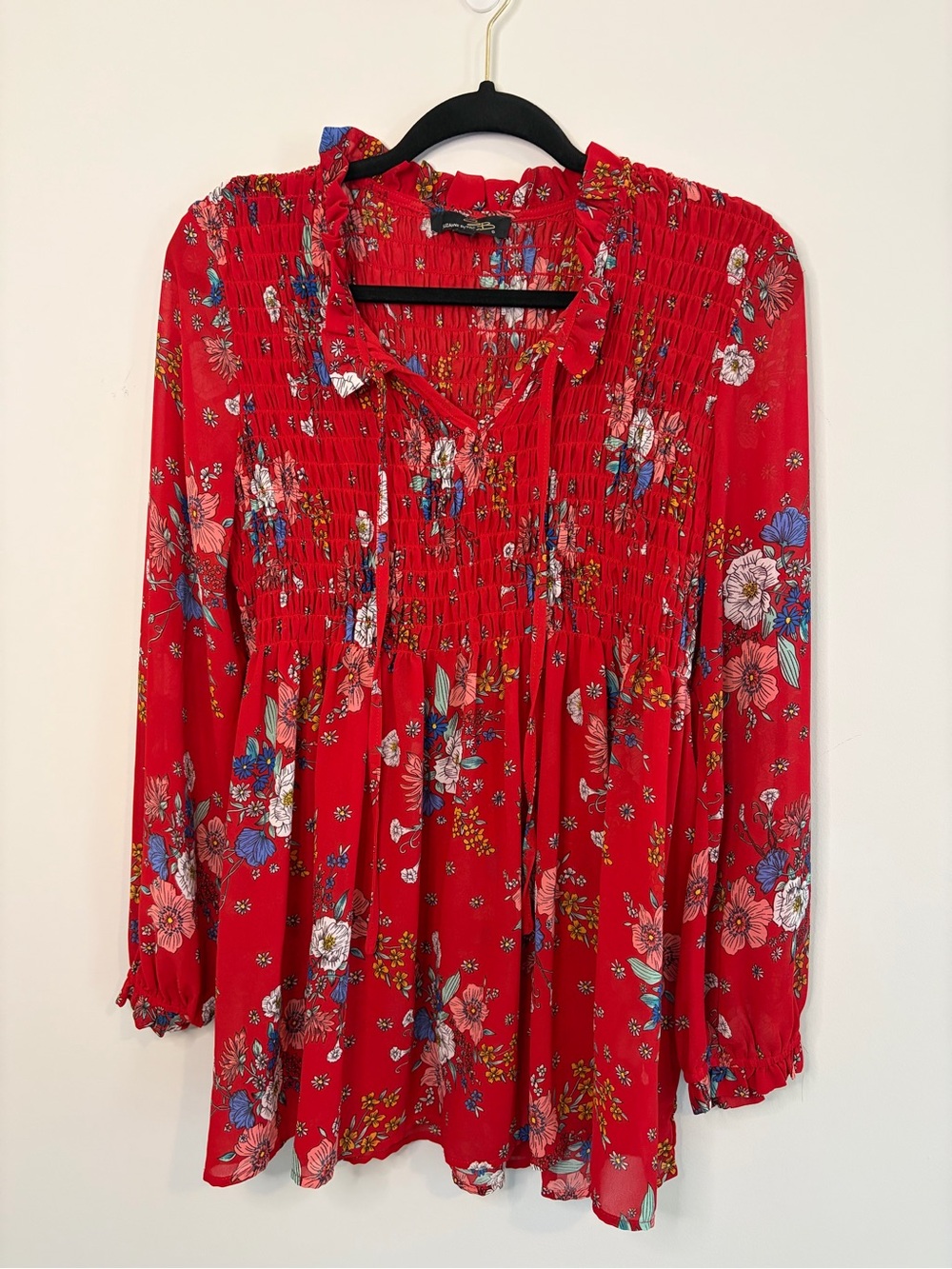 Suzanne Betro Red Floral Smocked Peasant Tunic Size L